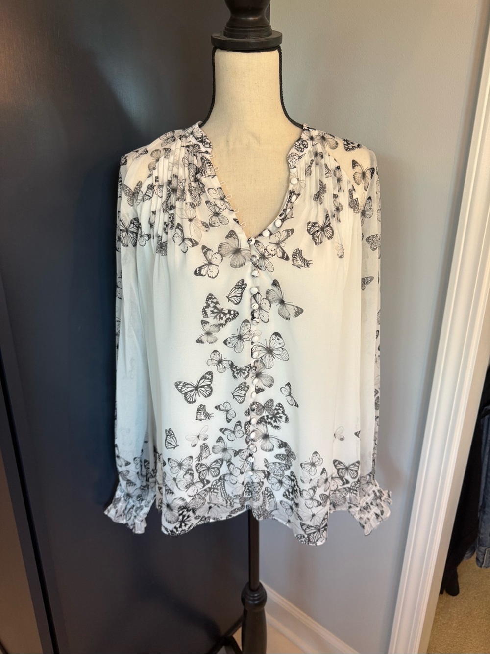 White House Black Market White Blouse with Black Butterfly Print